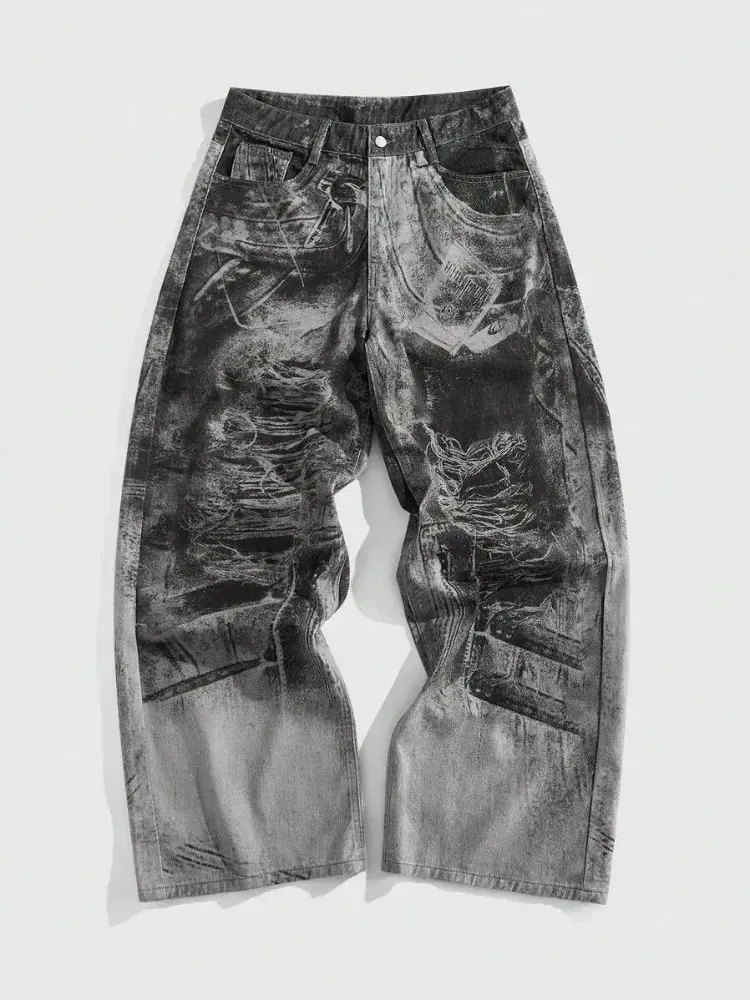 Mens Jeans Harajuku Y2K Streetwear Gothic Print Baggy Wide Leg Denim Pants Vintage Washed Straight Fit Grunge Punk Fashion Trend — image 6