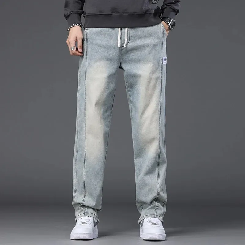 Autumn Winter Blue Jeans Men Drawstring Elastic Waist Cotton Cargo Denim Pants Work Fashion Thick Trousers Male Plus Size M-4XL — image 11