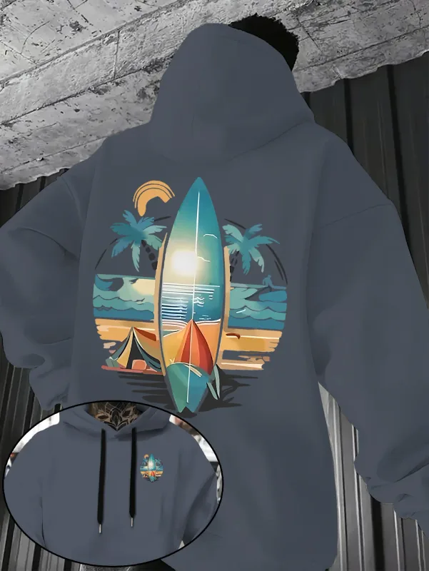 New Autumn/winter Men's Hooded Sweatshirt with Surfboard and Beach Print Loose Fit Stylish Street Style Comfortable Fit Hoodies — image 3