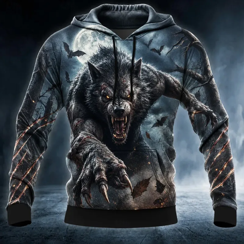 ผู้ชาย Gothic มนุษย์หมาป่ากราฟิกพิมพ์ Hoodie เสื้อแขนยาวเสื้อกันหนาว Casual Full Moon Wolf Hooded เสื้อ Tops