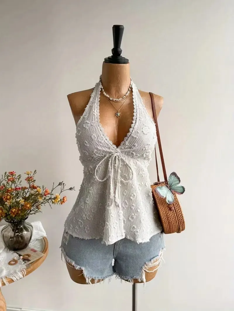 Ladies' Summer V-neck Lace Neck Strap Off Shoulder Leisure Vacation Easter Beach Wear Music Festival Top — image 4