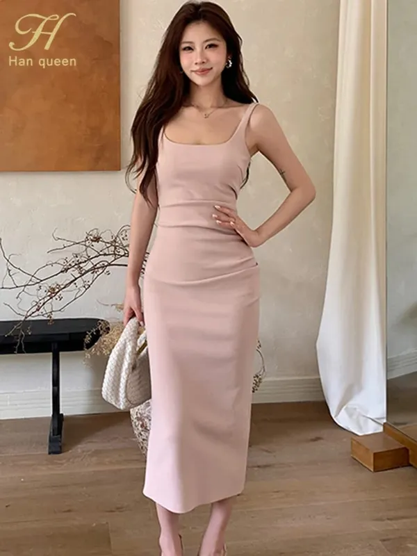 H Han Queen Summer New Office Women Sheath Pencil Dress Sexy Sleeveless Straps Simple Slim Party Holiday Prom Casual Dresses