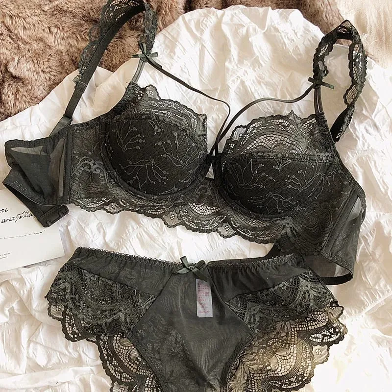 Lace ultra-thin big breasts bra with panties women sexy push up lingerie anti-sagging gathered laides underwear set — image 7