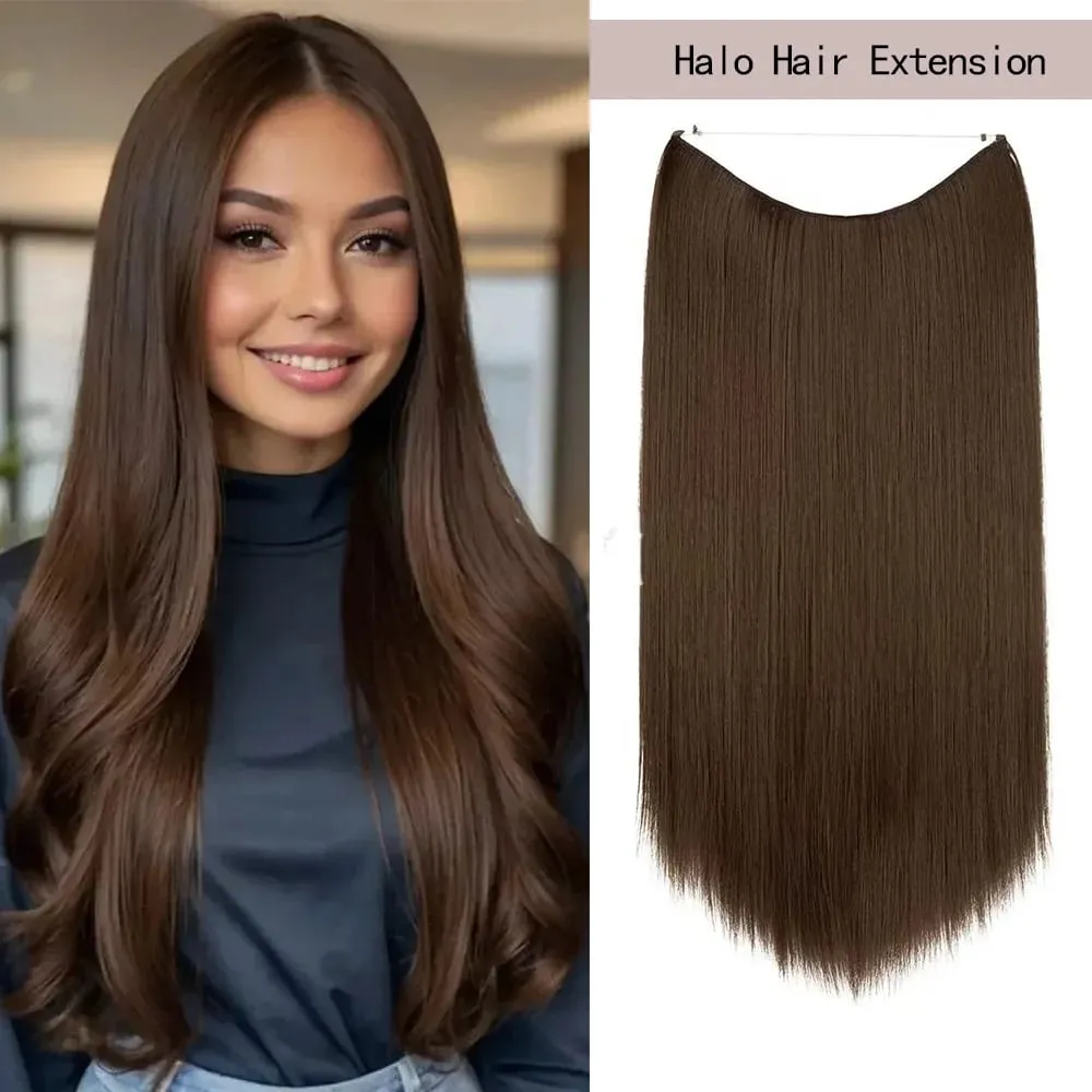 22" Long Straight Invisible Halo Hair Extensions 120g/pc 27-613 Blonde Synthetic Fish Hair Pieces Ombre Brown Wire Clip In Hair — image 2