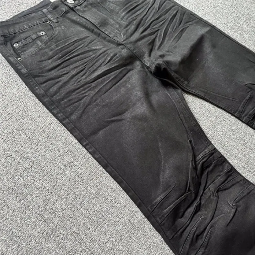 American retro heavy industry men and women black gothic retro casual loose jeans High street coated micro-flare jeans — image 3