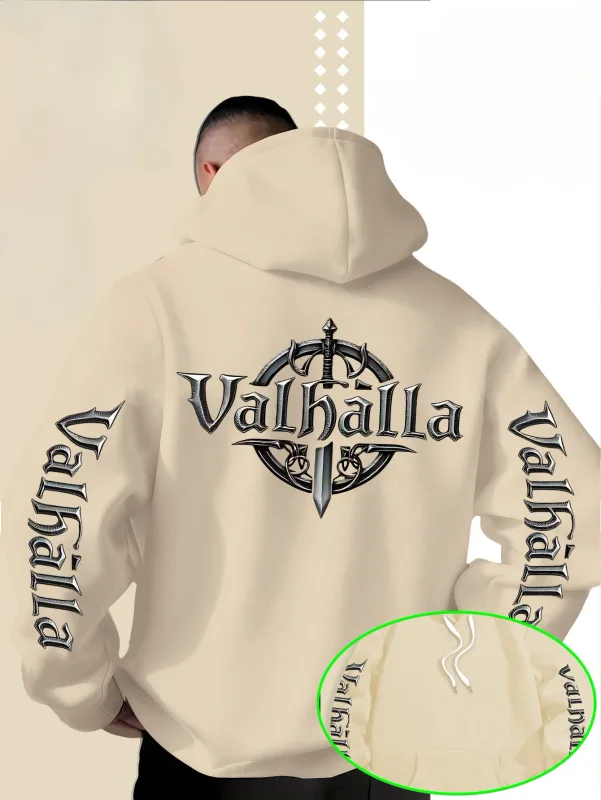 Sweat à capuche ample Viking Valhalla avec logo imprimé en forme d'épée pour homme, adapté pour l'automne et l'hiver. — image 2