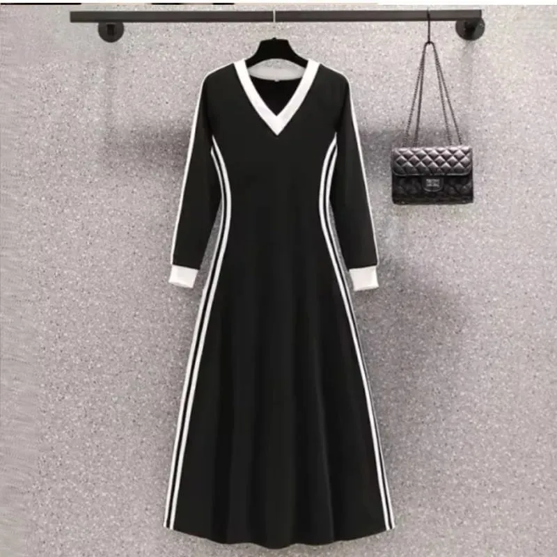 Women Autumn Midi Dresses V-neck Preppy Style Elastic Long Sleeved Korean A-Line Sports Dress Black Vintage Ins Simple Y2K New