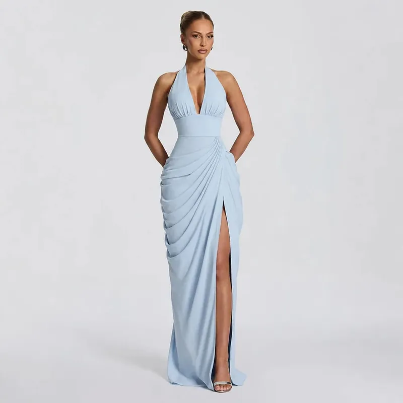Sexy sólido plissado halter vestido feminino moda sem mangas sem costas cintura-cinching split maxi vestidos 2026 vestidos de festa de verão — image 10