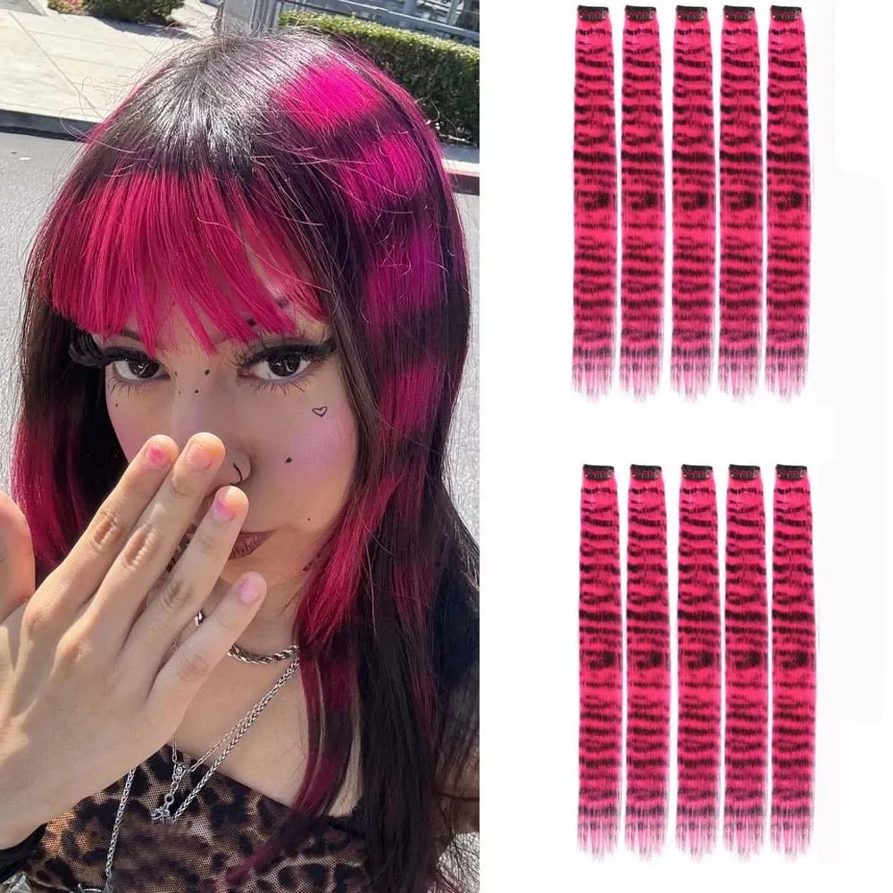 10pcs/set Stripe Printed Hair Colorful Long Straight Hair Pieces Synthetic Clip-in Hair Extensions for Daily Use Party Halloween — image 10