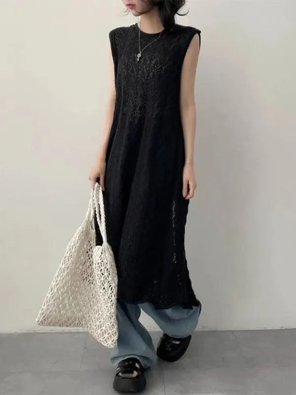 Zjaiss Women's 2026 Early Spring Japanese Retro Sweet Sweater Dresses Hollow Out Knit Irregular Long Sleeveless Vest Dress