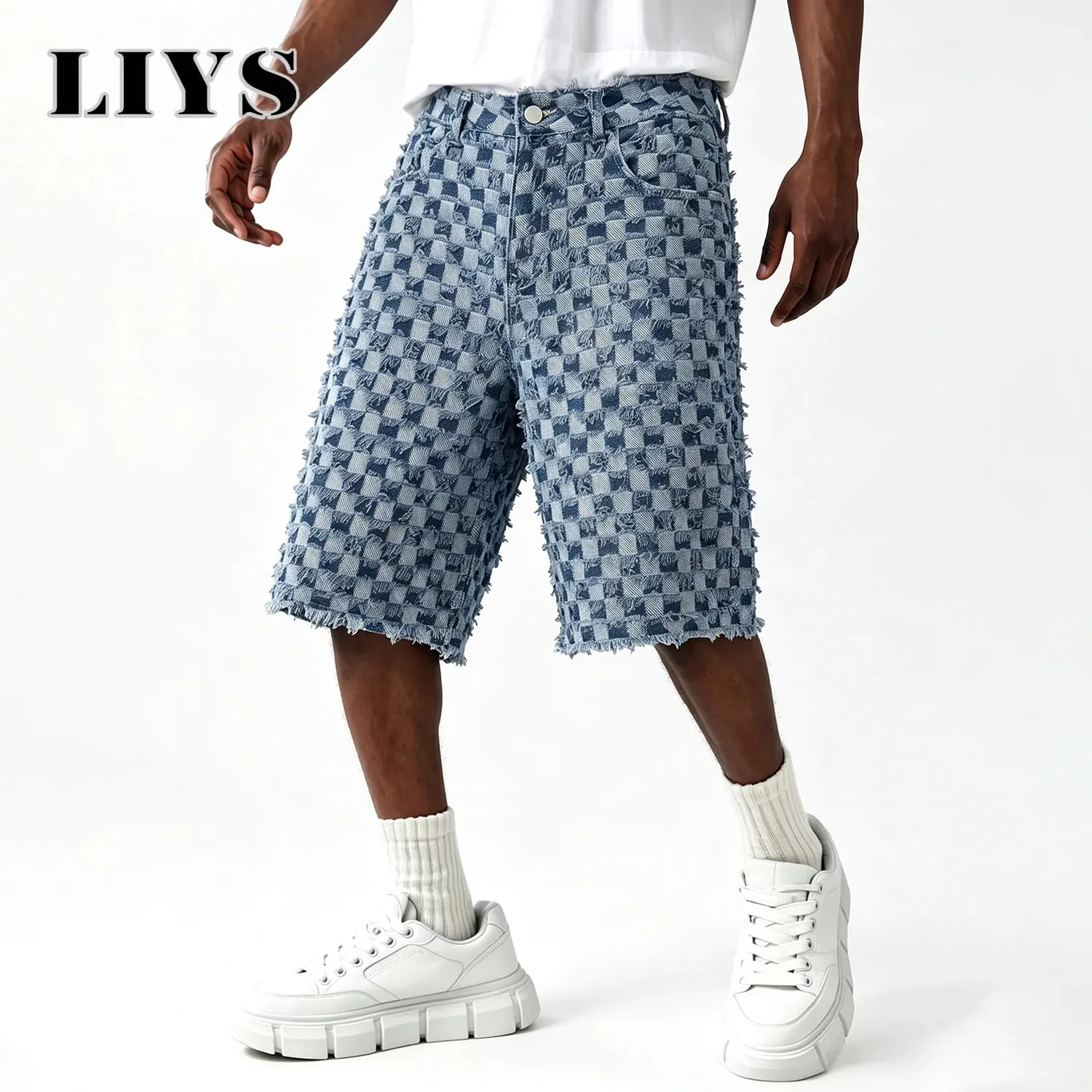 Men Fringe Checkerboard Jacquard Jean Shorts Casual Loose Wide Leg Raw Hem Knee Length Shorts Summer Bermuda Jeans — image 1