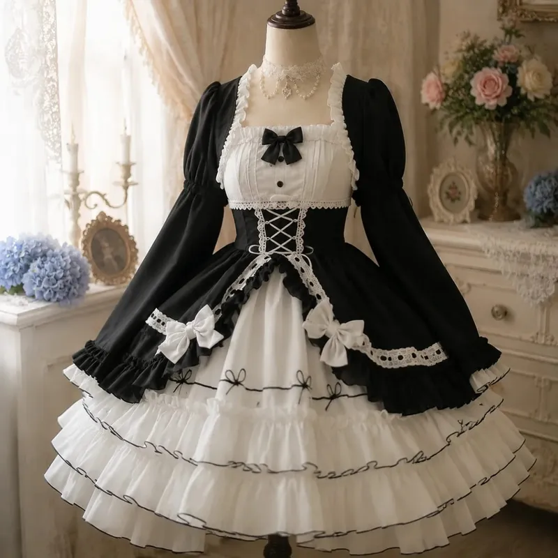 Lolita Kawaii Y2k Long Sleeve Strap Dress Japanese Knee-Length Women Elegant Lace Bow Patchwork Ball Gown Sweet All Season — image 12