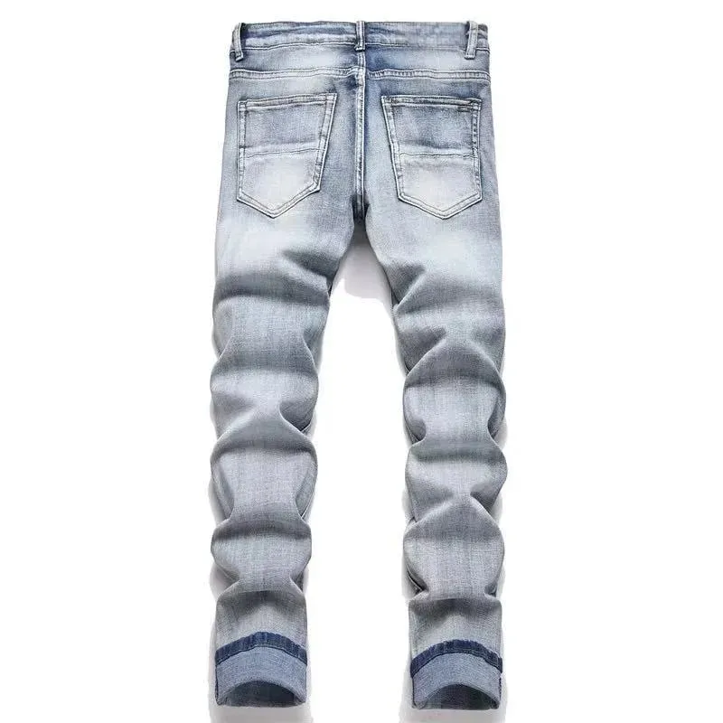 Men's Hip-Hop Style Distressed Holes Jeans Wash Ripped Pants with Red Embroidered Patches Casual Trendy Streetwear Trousers — image 8