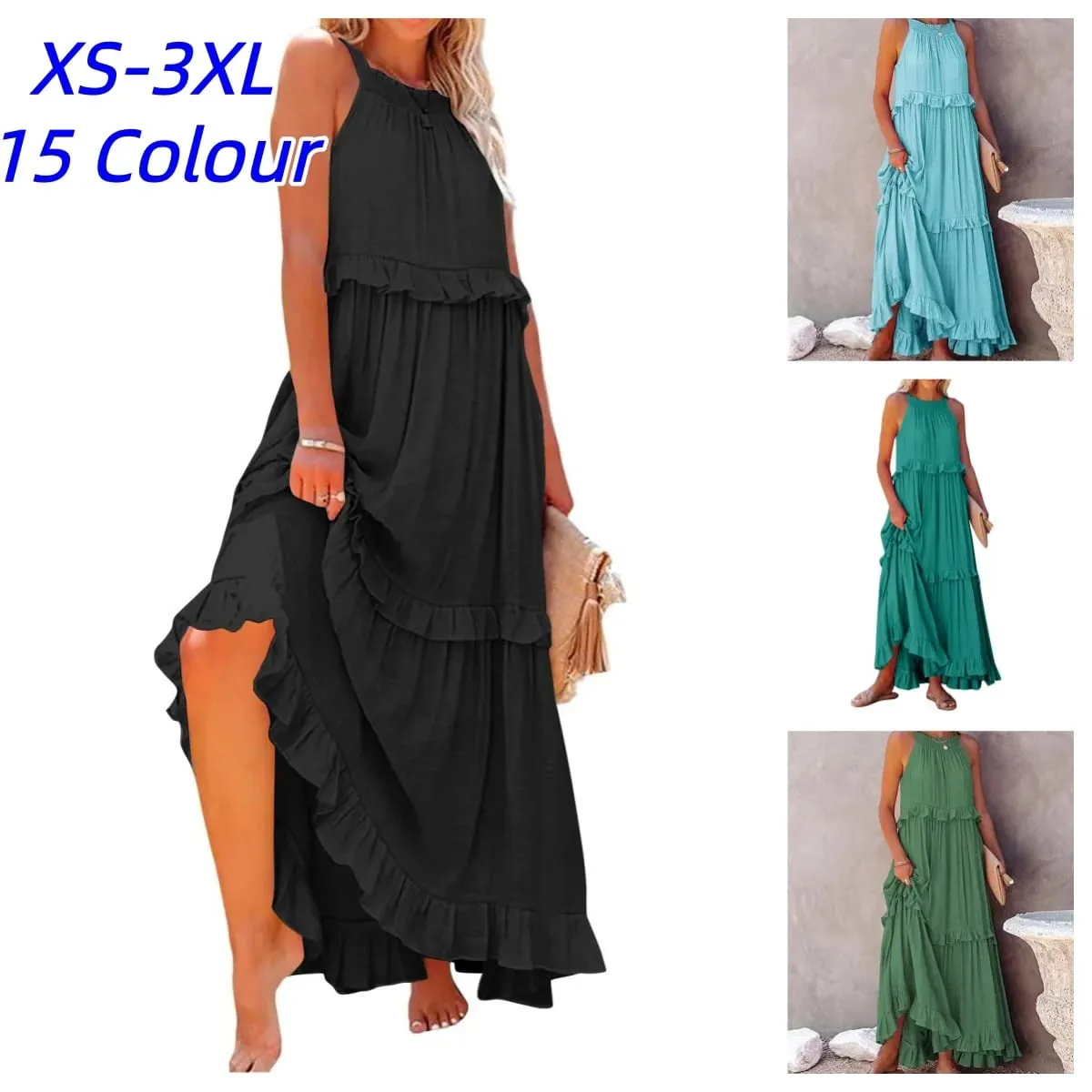 Women Casual Solid Ruffles Long Dress Summer Elegant Sleeveless Sundress Elegant Harajuku Maxi Dress Beach Party Evening Vestido