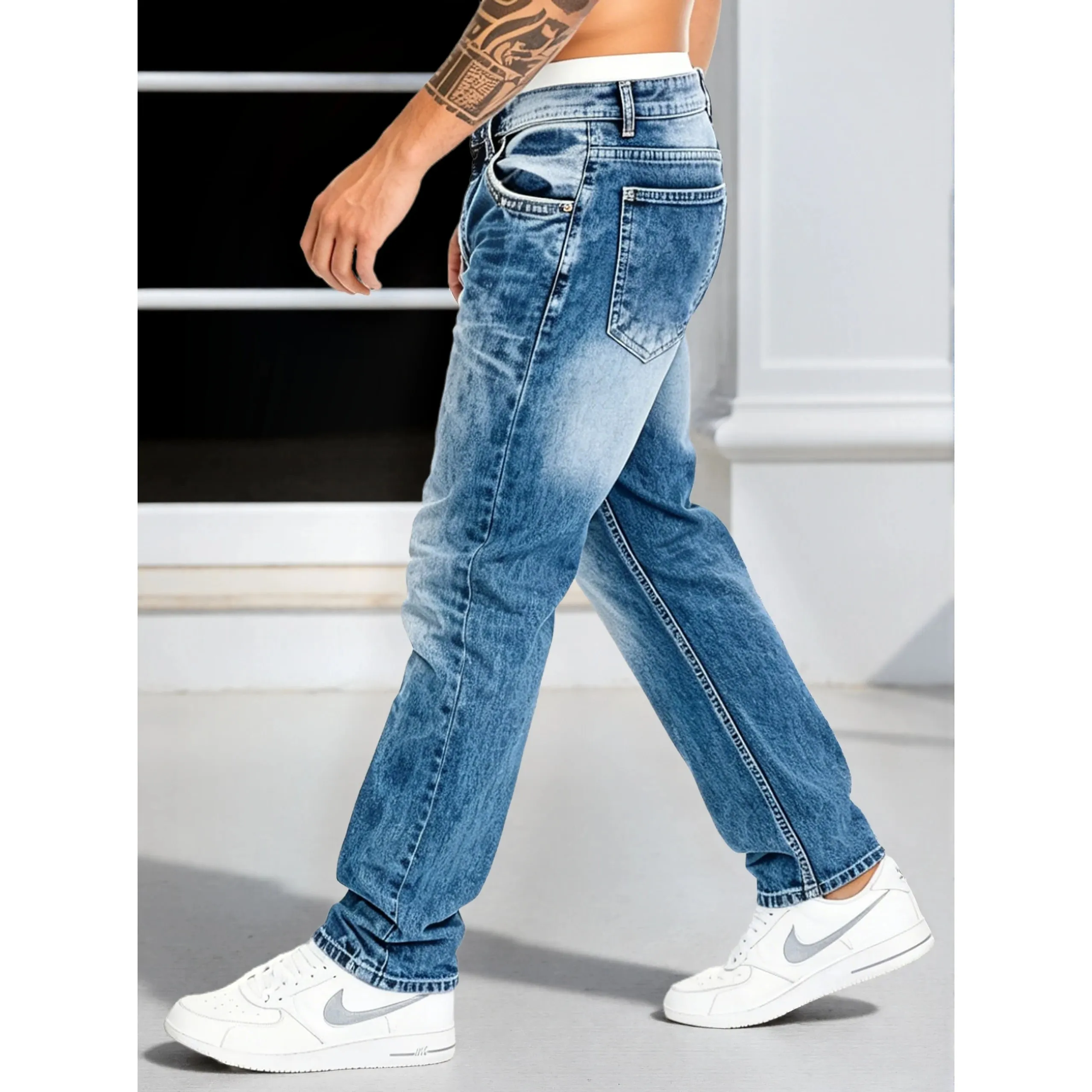 Men's Jeans Man Pants Classic Straight Cut Stretchl Denim Trousers Vintage Washed Solid Color for Street Style — image 2