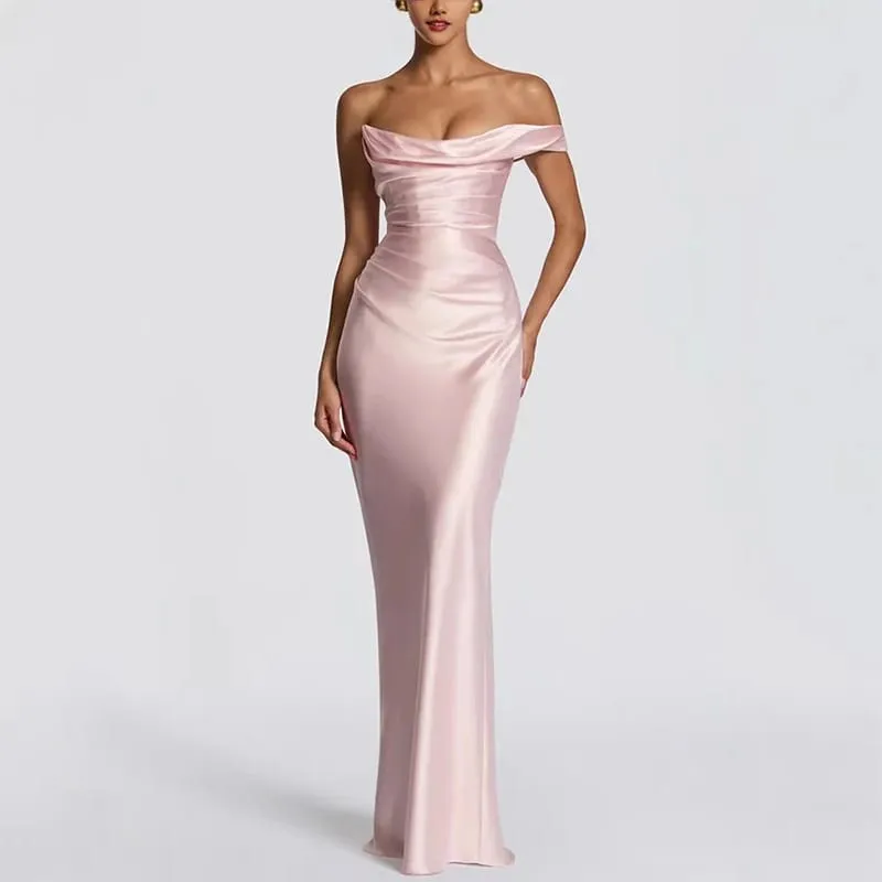 Fashion Women's Satin One Shoulder Long Dress Bandage Pleated Backless Sleeveless Dresses 2026 Summer Lady Party Evening Robes — image 5