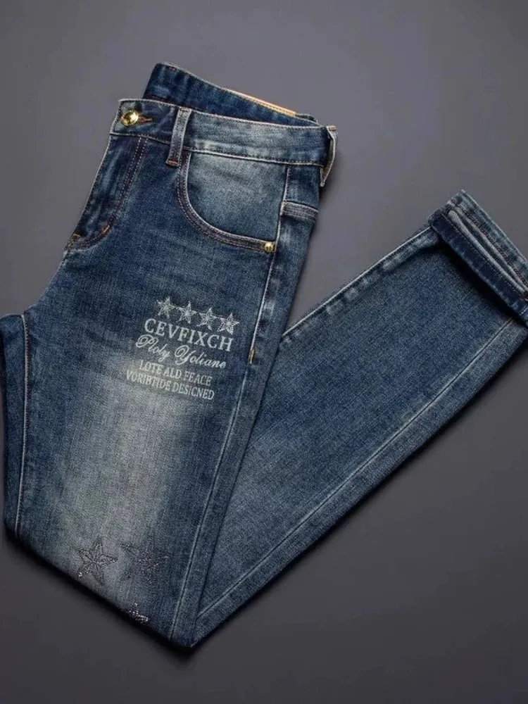 New Spring/Autumn Fashion Trendy Printed Straight-Leg Stretch Denim Jeans Men's Casual Loose Sports High-Quality Trousers