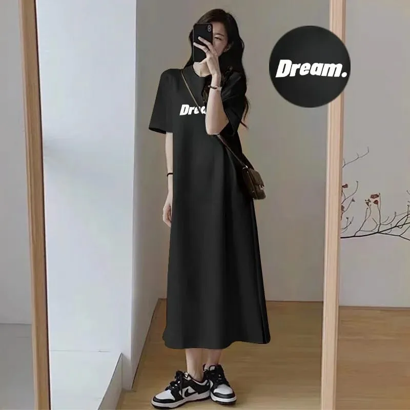 Oversized Dream Letter Print Maxi Tshirt Dress Women Short Sleeve Loose Casual Home Long Dress — image 2
