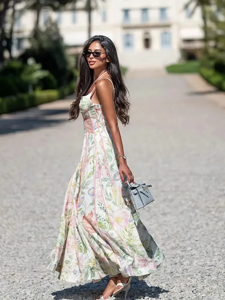 Elegant Printed Flower Women's Dress Contrast Sleeveless Halter Waist-Closed A-Line Lady Dresses Summer Fashion Vacation Robe — image 6