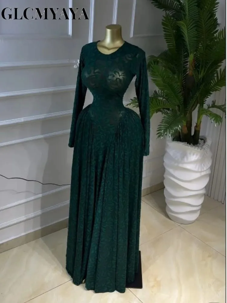 CM.YAYA Women Lace Up O-neck Long Sleeve Big Swing A-line Maxi Dress 2026 Sexy Parties Education Vacation Long Dresses Vestidos — image 2