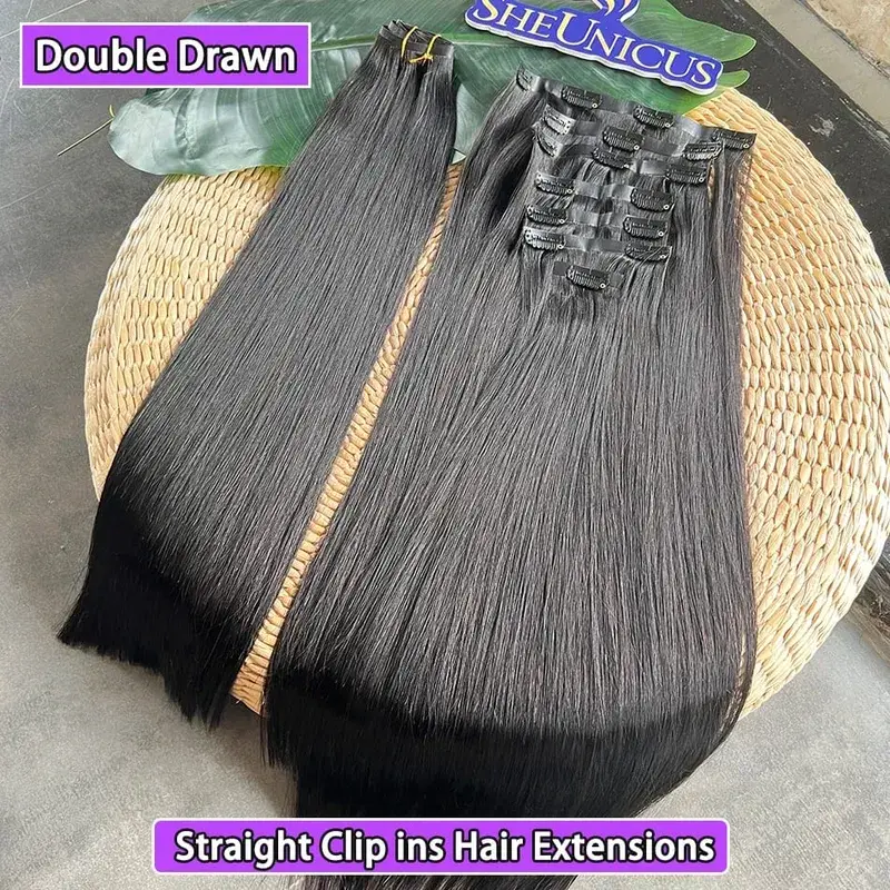 Double Drawn Straight PU Clip Ins Hair Extensions 100% Human Hair Natural Black Color 100g/Set 7pcs Invisible PU Weft Clips Hair