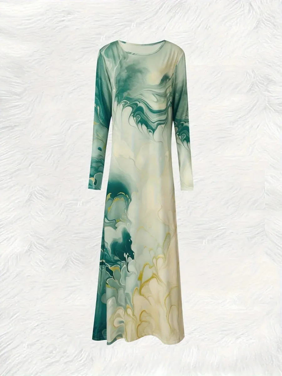Women's Long Sleeve Round Neck Floral Print Dress Vacation Style Green Blue Yellow Wave Pattern Summer Casual A Line Dress — image 3