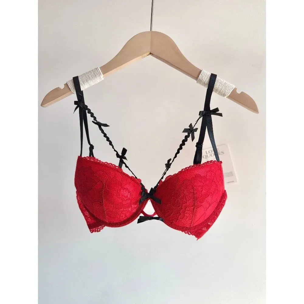 セクシーな Women Red Lace Bridal Lingerie Set Bowknot Push Up Bra Panty Small Bust Pure Style Wedding Party Intimate Underwear 32-38 — image 5