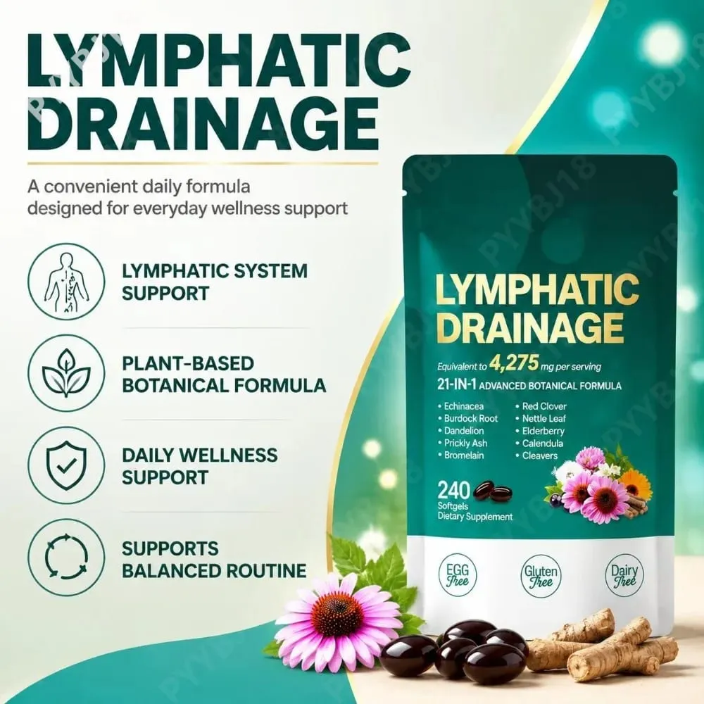 Lymphatic Support Softgels with Echinacea Dandelion Herbal Supplement 21-in-1 Botanical Formula for Lymph Flow System 240 Count