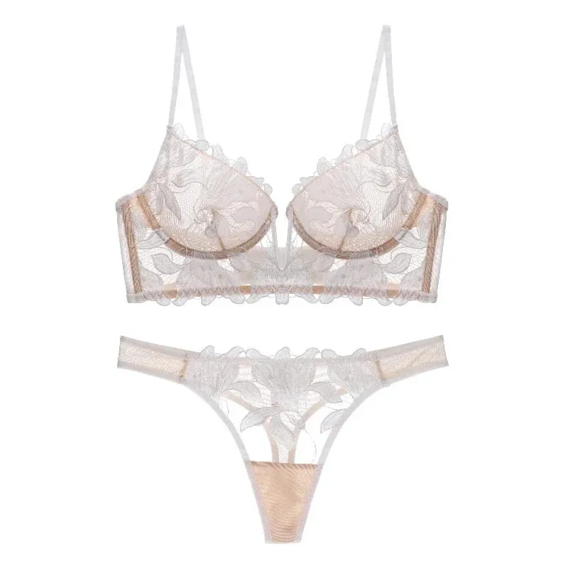 Sexy French Lace Embroidery Brassiere Lingerie Set Women's Underwear Set Push Up thin Bralette Deep V Bra and Panty Set — image 10