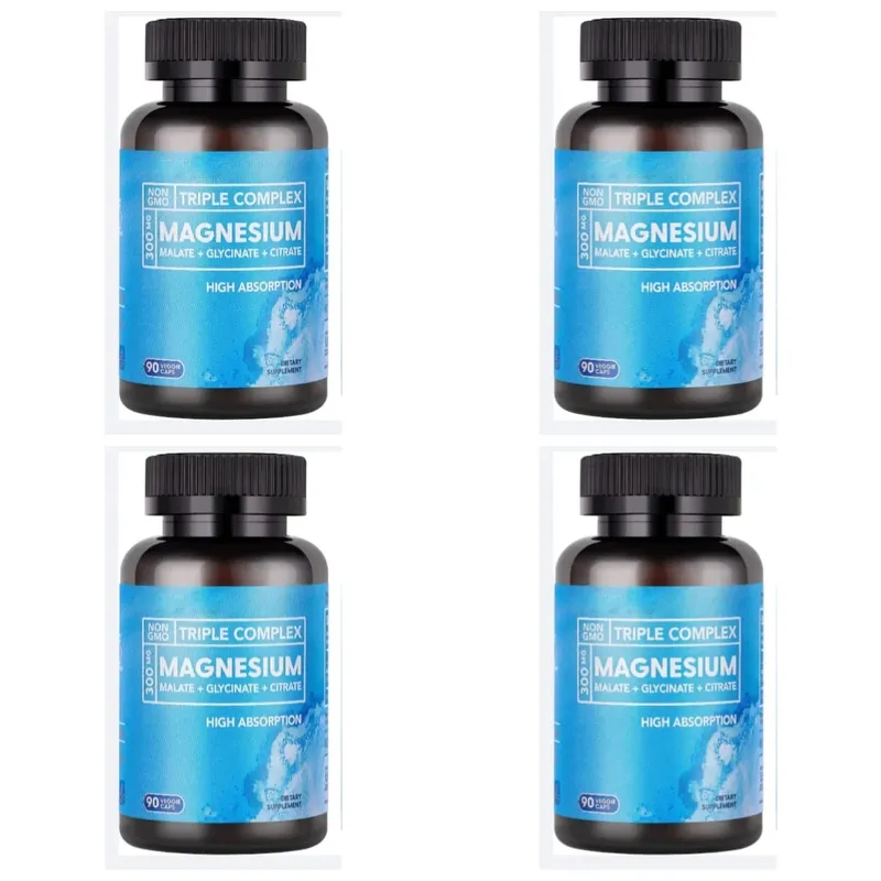 Triple Magnesium Complex 300mg Malate Glycinate Citrate High Absorption Daily Mineral Supplement Vegan Non GMO 90 Veggie Caps