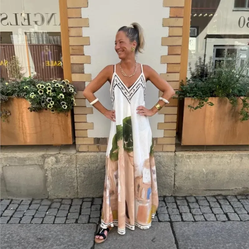Casual Off Shoulder Hollow Swing Beach Dress Loose Suspender Summer Bohemian Dress Vintage Women V Neck Sleeveless Holiday Dress — image 5
