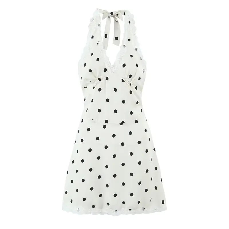 Abito con scollo all'americana a pois con spalline in pizzo Donna Elegante abito a trapezio Mini abiti sexy senza schienale Abito estivo 2025