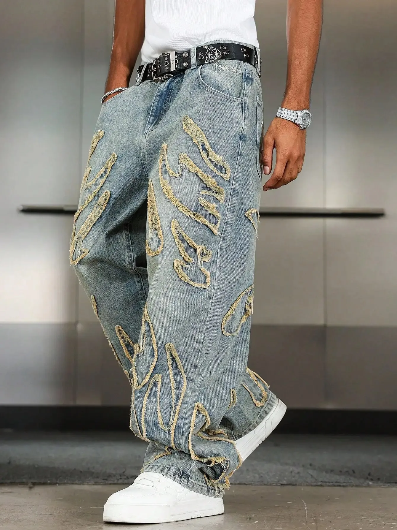 Men's Street Style Casual Patchwork Embroidered Frayed Hem Macau Blue Denim Jeans Trendy Loose Fit Straight Leg Pants — image 7