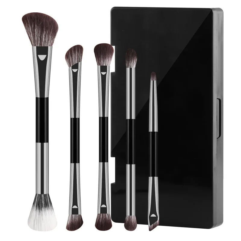 5Pcs Dual Ended Face Eye Brush Kit With Storage Box Blush Detail Eyeliner Brushes For Travel Touch Up