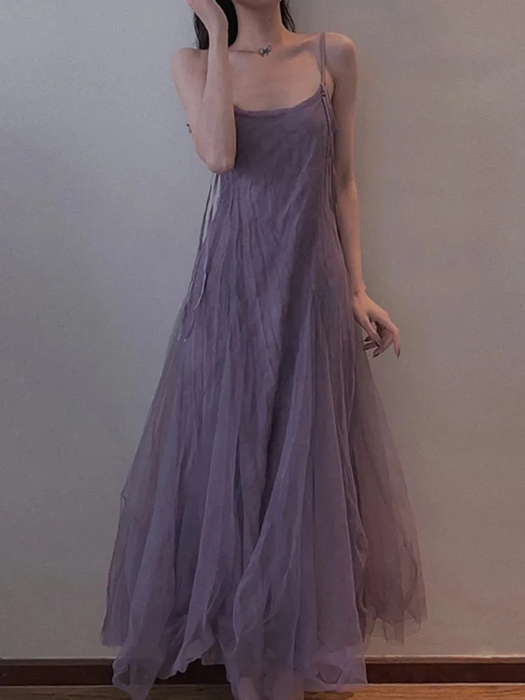 Slimming Effect Purple Mesh Ankle-Length Dress with Strap for plus Size Women Conceals Belly A-Line Gown Korean Style Commute...