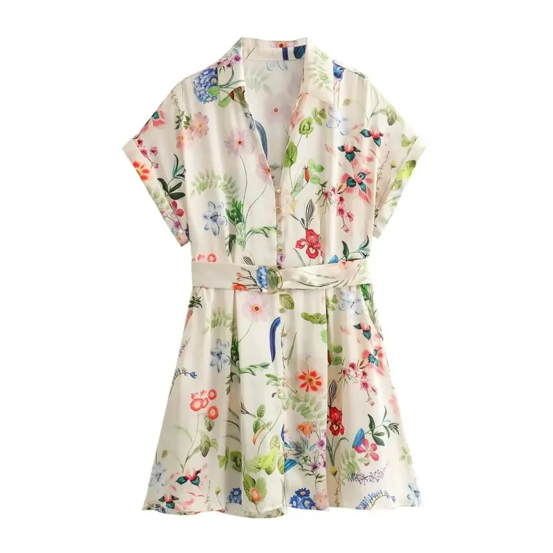 HH Casual Floral Print Shirt Dress Turn Down Collar Belt Single Button Short Dress Summer Lady Beach Party Vacation Mini Dresses