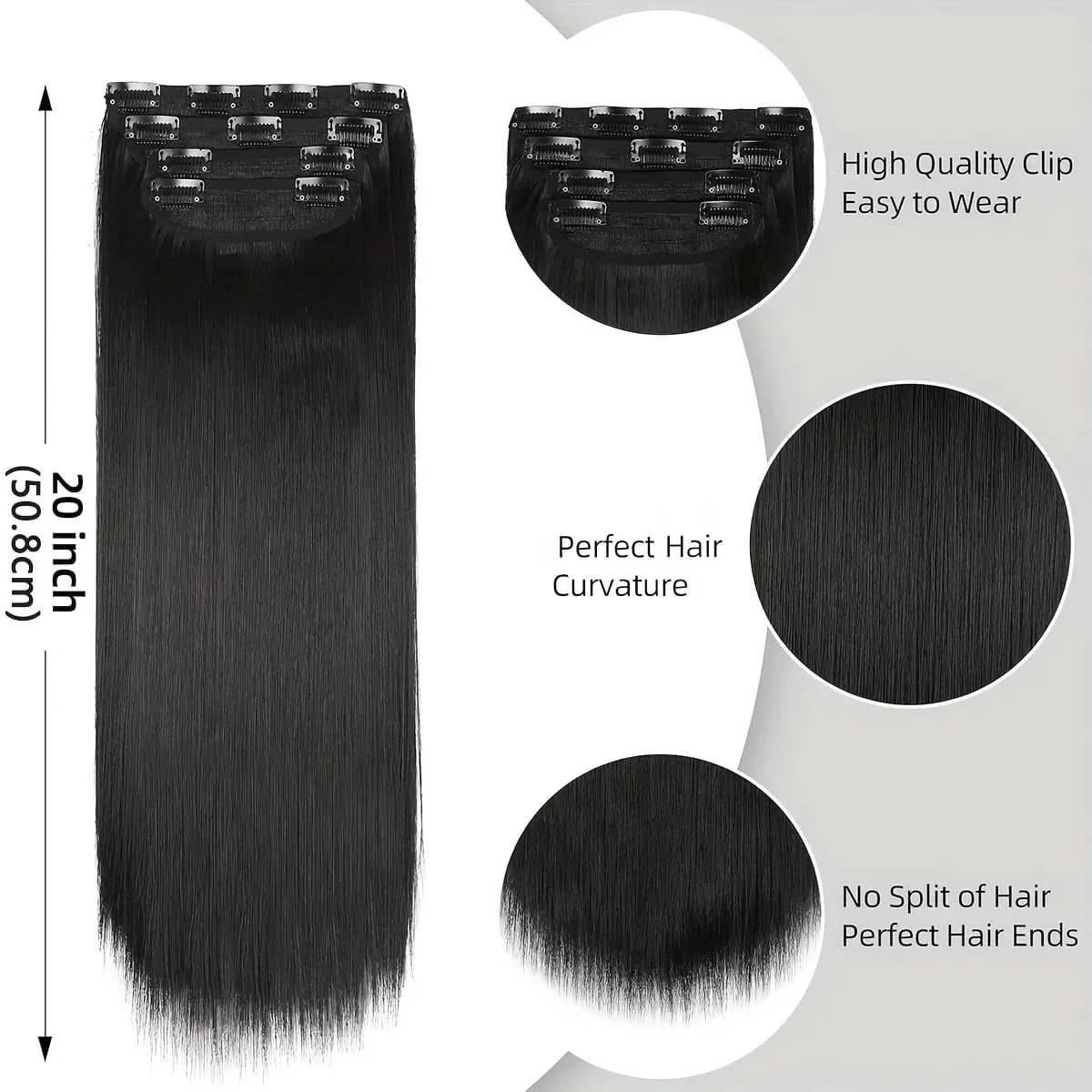 20" Straight Super Long 7 PCS Set Thick Clip in on Hair synthetic Extensions Straight Full Head Black for African Americans — image 4