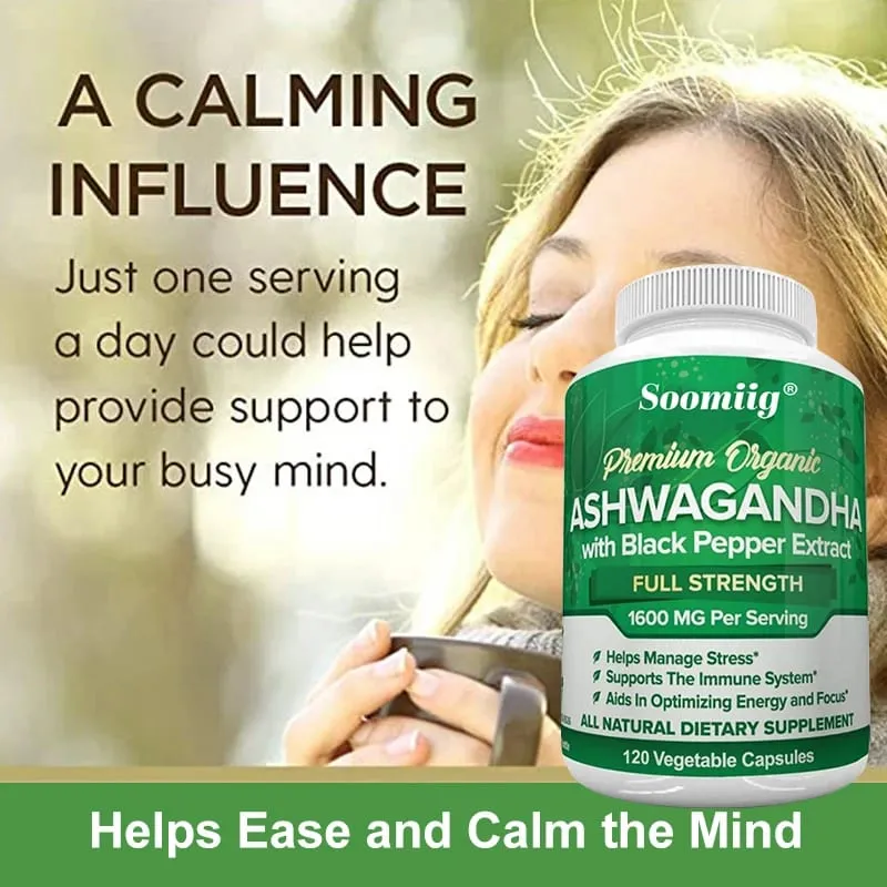 Ashwagandha Root Extract Capsules 1600mg with Black Pepper Stress Relief Brain Clarity Focus Energy & Sleep Health Support — image 3