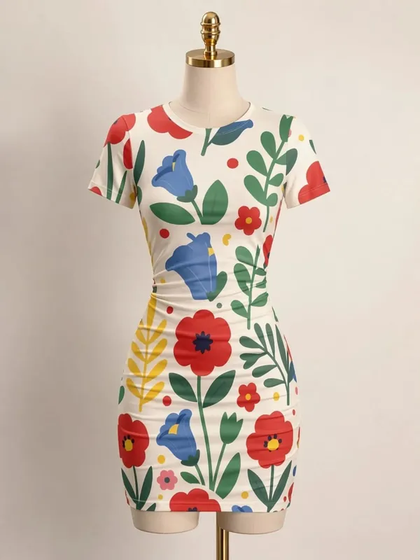 Dam kortärmad Bodycon Miniklänning Slim Fit Rund hals Blommönster Avslappnad Sommarfest Söt Trendig Smickrande Solklänning