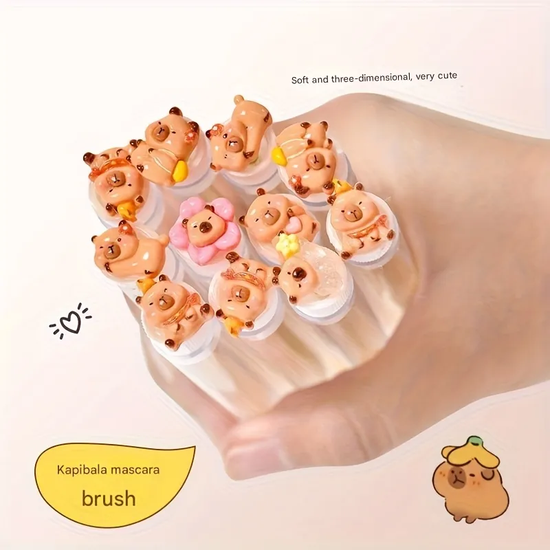 10pcs per pack Eyelash Extension Brushes -Cute Kapibara Design Oval Shape-Reusable Nylon Bristle Heads with ABS Plastic Handles