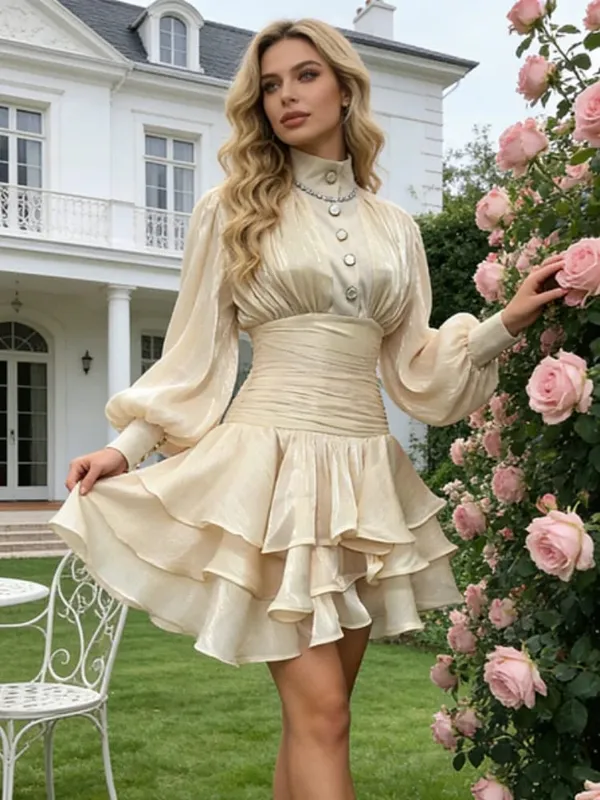 Cream Victorian-inspired Mini Dress Women Puff-sleeve Ruched Tiered Romantic Cottagecore Party Dresses 2026 Trendy Chic Outfit