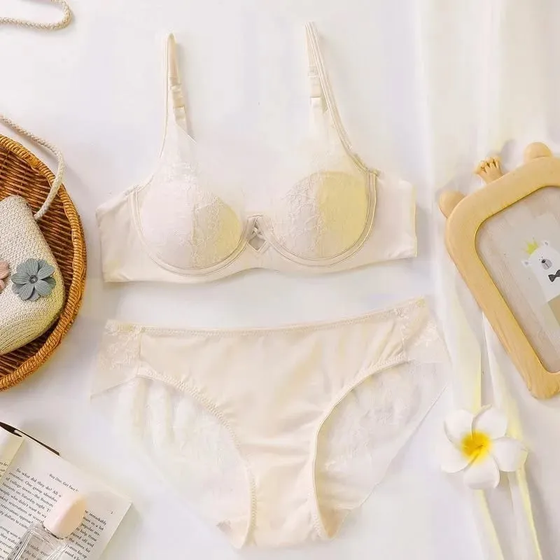 Women Bra and Panty Set Elegant Lace Bralette Wireless Triangle Cup No Underwire Underwear Thin Gathered Comfort Lingerie Set