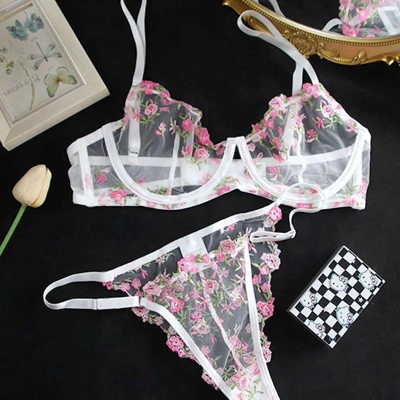 New Women Sexy Mesh Bras Suit Sweet Female French Floral Embroidery Underwear Sets Transparent Mesh Bra Panties 2Piece Lingerie — image 5