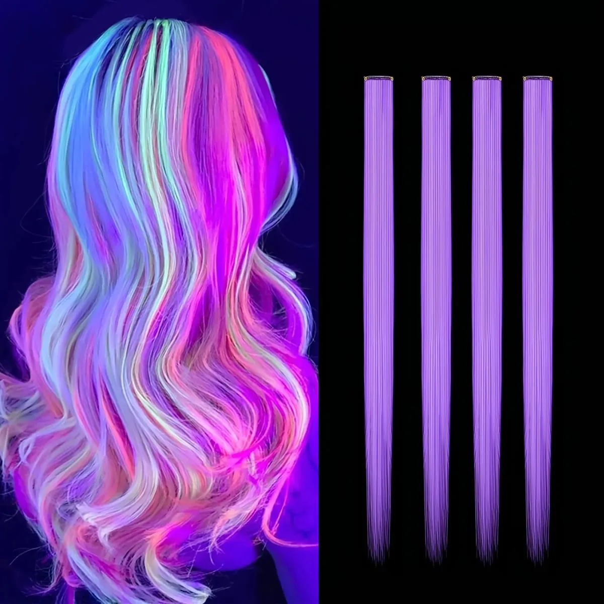 4-Pieces Synthetic Hair Extensions with Luminous Fluorescent Glow for Women - Clip-In Smooth & Soft Easy to Wear for Parties — image 9