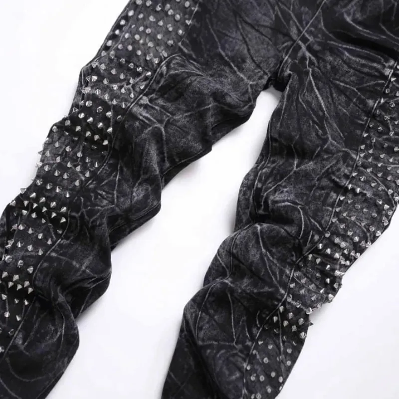 2025 Empat Musim Baru Retro Punk High Street Bergaya Hitam Dicuci Lapuk Pelangsingan Badan dan Willow Nail Lapuk Seluar Jeans Lelaki