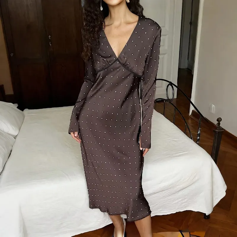 Talenza Women Polka Dot Dress Fashion Satin Print Contrast V-Neck High-Waisted New Dress Summer Elegant Female Party Dress 2026 — image 8