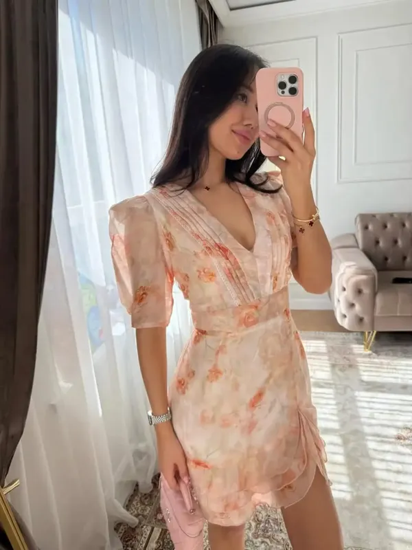 Women Floral Printed V-neck Mini Dress Fashion Half Sleeve High Waist Ruffle Slim Dresses 2026 Summer Elegant Lady Vacation Wear
