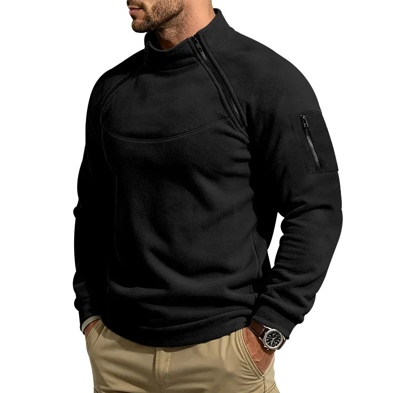 Men Fleece Stand Collar Sweatshirt Diagonal Zipper Arm Pocket Long Sleeve Loose Casual Pullover Autumn Winter Outdoor Tops — image 3