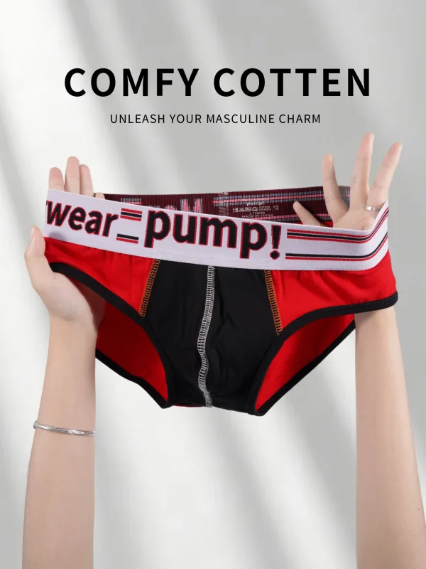 Men's Cotton Color Block Briefs, Pump! Logo Wide Waistband Low Rise Sexy 3D Convex Pouch Underwear — image 1