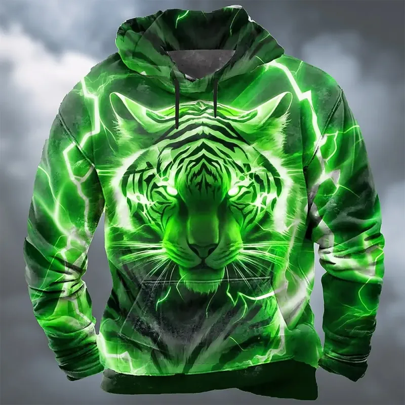2025 Fall Winter Men's Animal Tiger 3D Prints Hooded Hoodies Sweatshirt Long Sleeve Crew Neck Streetwear Drawstring Tops
